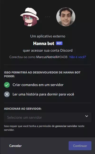Tela do Discord para adicionar bots a um servidor a partir de uma conta